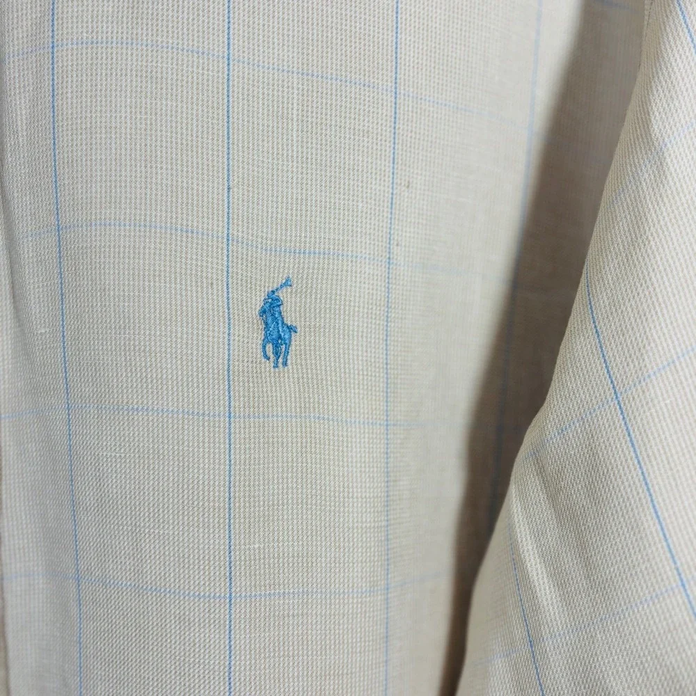 VTG Ralph Lauren Tilden Silk Linen Windowpane Cream Button Down Golf Shirt XL - Picture 5 of 8